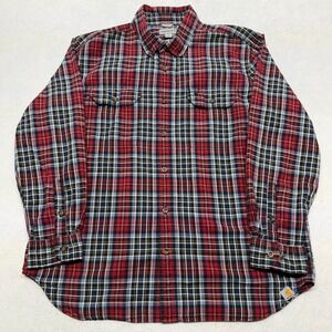 Carhartt Mens XL Relaxed Fit Plaid Button Down Shirt Red Navy Blue Workwear